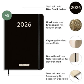 matabooks Samaya 2026 A5 Calendar, Colour: Black, Vegan Year Planner Made from Sustainable Grass Paper