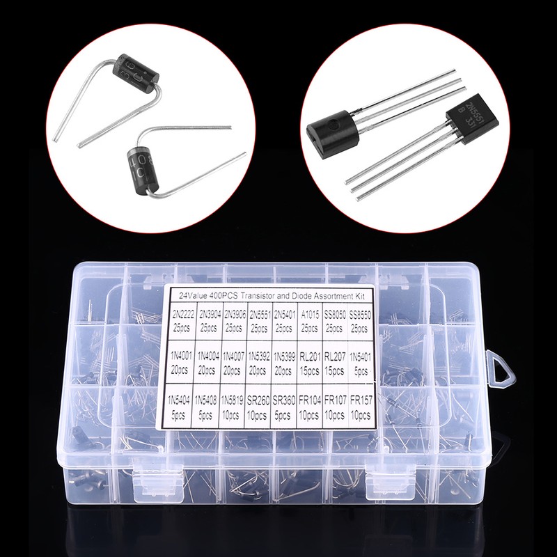 400pcs 24 Values Transistors and Rectifier Diodes Assortment Set With