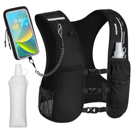 MOKURA - Chaleco reflectante de hidratación para mujeres y hombres, con frasco suave de 500 ml y soporte para teléfono, mochila ligera para correr, botella de agua ajustable, artículos esenciales para