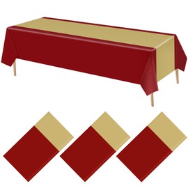 VitalCozy 3 Pack Disposable Plastic Tablecloth Plastic Table Runner Rectangle Table Covers for Wedding Birthday Party Decorations 51" x 108" (Maroon and Gold)
