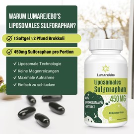 Lumarejebo Liposomales Sulforaphan Hochdosiert, 450mg Tagesdosis, Brokkoli Kapseln aus Brokkolisprossen Extrakt, Reich an Aktivem Myrosinase & Sulforaphan, 5X Advanced Formula, Vegan (180 Kapseln)