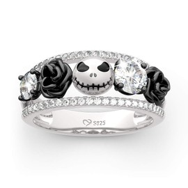 Jeulia 1.76 ct Skull Wedding Band 925 Sterling Silver Diamond Eternity Rings Rose Flower Engagement Rings Anniversary Promise Romantic Jewelry Gift (Silver and black, 6)