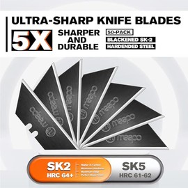 M MEEPO 50-Pack Utility Knife Blades, Blackened SK-2 Razor Blades for Box Cutter Utility Knife, Never Rust Design, Extra Durable
