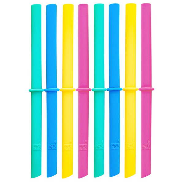 Elk and Friends Adult & Kid's Reusable Silicone Straws with Stopper for 8oz Mason Jars or Tumblers, Pack of 8 Colorful Straws + Cleaning Brush