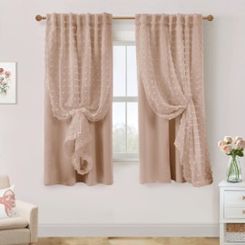 Dusty Pink Curtains for Girls Bedroom Nursery,Pom Pom Blackout Double Layered Curtains 63 Inch Length