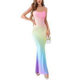 LIGHT DOT Women's Summer Ombre Maxi Dress Spaghetti Strap Bodycon Cami Draped Collar (Rainbow,S)