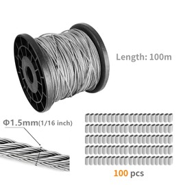 AZKEEGREY 1/16 Wire Rope Set 100m, 304 Stainless Steel Wire Cable 1.5mm, Heavy Duty Steel Cable with 100 Crimping Clamps Loop Sleeve, 7x7 Strand Core, 167kg Breaking Strength