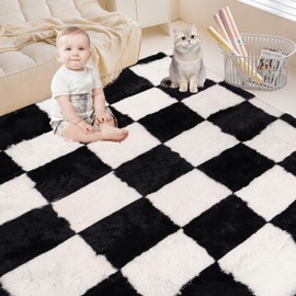 Black and White Checkered Rug 9x12, Shag Area Rug for Living Room or Bedroom, Fluffy Washable Indoor Non-Slip Fuzzy Carpet, Modern Aesthetic Home Decor