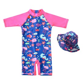 7-Mi Baby Girls' Swimming Costume One Piece Clothing UV Protection 50+ Children's Swimming Costume with One Zip with Sun Hat, Fish