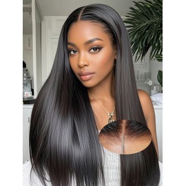 28 Inch Glueless Wigs Human Hair Pre Plucked Pre Cut 7X5 HD Lace,Straight Wear and Go Pre Bleached Knots Glueless Wig,Natural Hairline with Baby Hair for Women 200% Density Natural Black