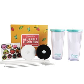 Daverly Way Plastic Tumbler with Lid and Straw 24 oz Double Wall Reusable Boba Cups Gift Pack