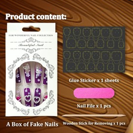 24Pcs Purple Coffin Nails Press on Nails 3D Flowers Pearl Butterfly Nail Charms Design Fake Nails with Glue Purple Acrylic Nails Supply 3D Flowers Full Cover False Nails for Women and Girls