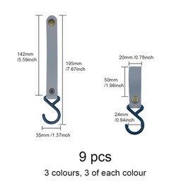 ONEBO Pack of 9 Leather S Hooks, S Hooks with Leather Loop, Leather Straps with Hooks, for Hanging, Camping Hooks, Handlebar Hooks for Coat, Towel, Kitchen, Bathroom (3 Colours)