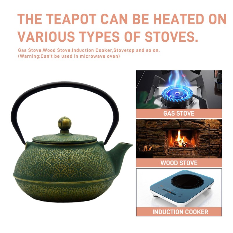 900ml Cast Iron Tea Kettle,SECHUDO Teapot Coated with Enameled Interior