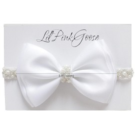 LilPinkGoose 0-12 Newborn Baby Baptism Pearl Headband with Bow in WHITE Christening Headband with Satin Bow, Pearl Rhinestone Band (White,3-6Months)