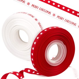 COLOFALLA 2 Rolls x 18.2 m x 10 mm Christmas Gift Ribbon Christmas Ribbons Ribbon Merry Christmas Stars Christmas Decorative Ribbon Ribbons for DIY Crafts for Gifts Party Decoration Red White
