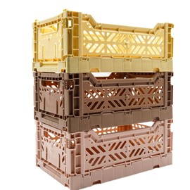 AYKASA Collapsible Storage Bins, Plastic Crate for Storage, Collapsible Crate, Utility Stackable Box (Warm Taupe - Milk Tea - Banana, 3 Pack - Small 4L)