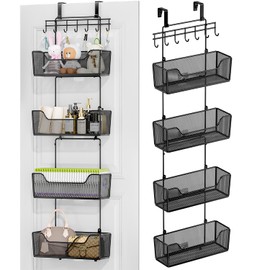 HapiRm Over The Door Organizer - Hanging Door Organizer with 4 Metal Large Capacity Baskets and Adjustable Coat Hook for Bathroom Bedroom Kitchen Pantry Closet Cabinet