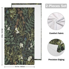 XALOGEER Botanical Print Floral Hand Towels for Bathroom Set of 2 Black Sage Green Spring Flower Plant Kitchen Towels Soft Absorbent Decorative Fingertip Towels Face Towel 14.4"x28.3"