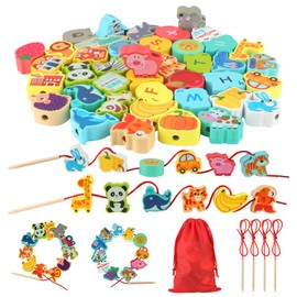 42Pcs Toddler Threading Toys, Wooden Montessori Toys for 2 3 Year Olds Girls Boys, Fine Motor Skills Toys for 5 Year Olds, Educational Learning Toys Gifts Toddler Threading Beads Crafts Activities