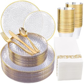 DaYammi 175PCS Clear Gold Plastic Dinnerware Set, Plastic Plates Disposable Hammered Disposable Plates for Party, Include: 25 Dinner Plates 25 Dessert Plates 75 Gold Silverware 25 Napkins 25 Cups