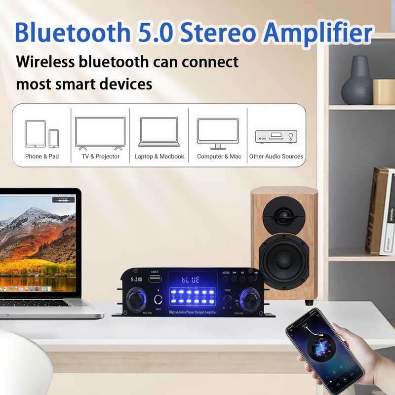 4 Channel Bluetooth 5.0 Stereo Amplifier 50Wx4 HiFi Power Amplifier,