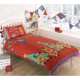 Rudolph Reindeer Presents Stars Christmas Kids Junior Quilt Duvet Cover and Pillowcase Toddlers Bedding Bed Set, Red