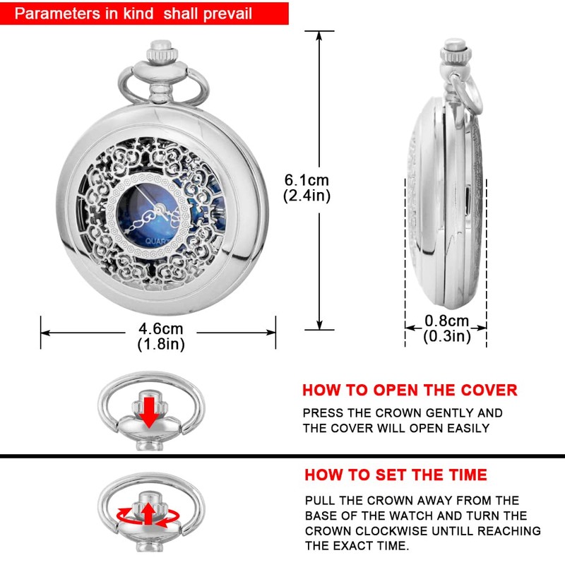 Tiong Pocket Watch Hollow Blue Star Design Roman Numerals Quartz