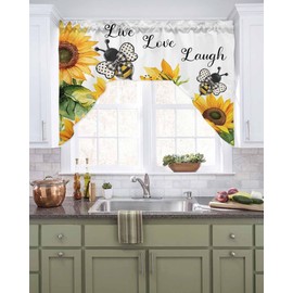 Sunflower Bee Swag Valances for Windows,Vintage Yellow Floral Farmhouse Swag Kitchen Curtain Valances Rod Pocket Motivational Inspirational Window Curtain for Cafe Bathroom Bedroom Drape 56"x36"