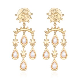 UPOWKA Vintage Pearl Drop Earrings, Gold Plated Chandelier Design with White Pearls, Dangle Statement Jewelry Gift for Women