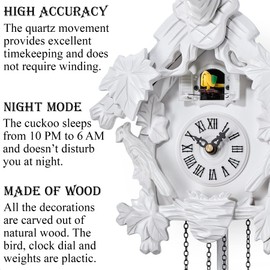TIMEGEAR Cuckoo Clock with Automatic Night Mode, Quartz Movement and Carved Deer Head (White)