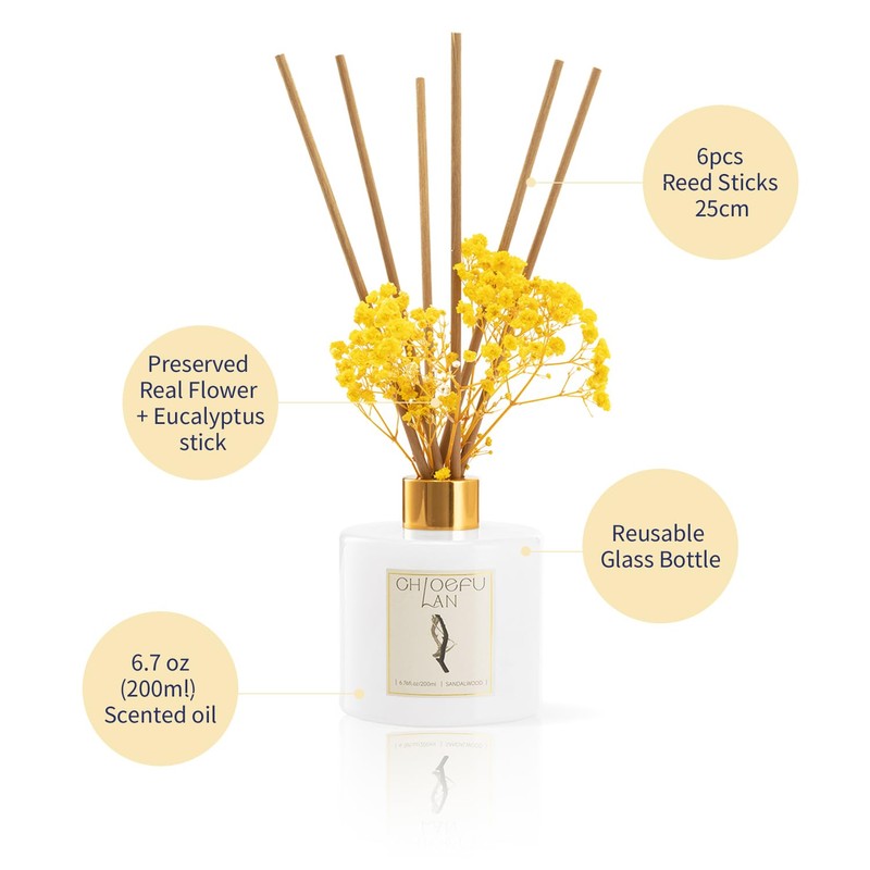 Chloefu Lan Sandalwood Reed Diffuser,6.7 oz Natural Essential Scented Oil