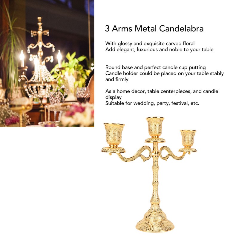 3 Arms Alloy Candelabra Vintage Style Elegant Candlestick Holder for