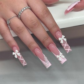 24pcs Long Coffin False Nails - Pink French Tip Press On Nails Square - Artificial Fake Nails White Bow & Pearl Designs - Full Cover Stick on nails with Glue for Women Girls Nail Art