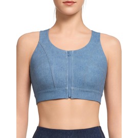 Yvette Denim-Colored High Impact Sports Bras for Women Zip Front Full Support for Large Bust, Light Blue Denim, XL