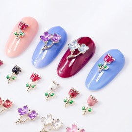 13Pcs Flower Nail Charms 3D Rose Metal Rose Flower Nail Rhinestones Crystal Peach Blossom Nail Design Nail Gems Charms Black Red Pink White Rose Nail Jewels Diamonds for Women Girls Valentine's DIY