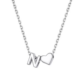 PROSILVER Women's Letter N Initial Necklace, Sterling Silver Heart Charm and Adjustable Cable Chain, Simple Jewellery Gift