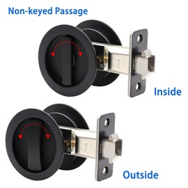 Dontay 2 Pack Pocket Door Passage Lock, Double Sided Rotation, Privacy (Bed/Bath) Latch, Flush, Large Locking Lever, Hardware for 1 3/8” to 2 3/16” Thickness Door (Matte Black, Round)