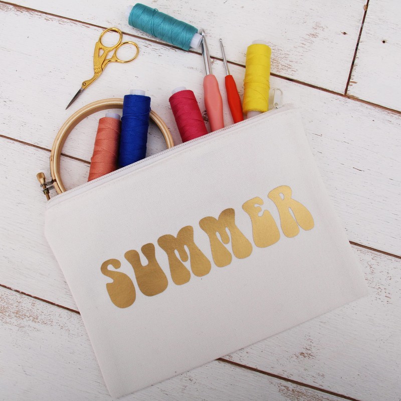 Threadart Canvas Pencil Pouch White with Zipper For Organization, Small