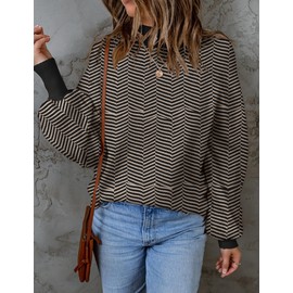 ZESICA Women's 2024 Fall Fashion Turtleneck Long Sleeve Striped Ribbed Knit Loose Pullover Sweater Tops,BrownStripe,Small