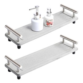 BLISSJU 2Pcs Instant Dry Sink Caddy, Water Absorbent Diatomite Tray for Sink, Stone Drying Tray with Metal Handle, Keeping Kitchen and Bathroom Tidy and Clean (Light Grey & Silver Handle, Small)