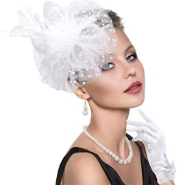 DRESHOW Fascinator Hat for Women, Veil, Mesh, Tea Party Hat, Feather, Pillbox Hat and Gloves, Pearl Jewellery Set for 1920s Cocktail Party, Headpiece