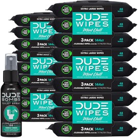 Flushable Wipes with DUDE Bombs Toilet Spray - Mint Chill Extra-Large Adult Wet Wipes with Eucalyptus & Tea Tree Oil - Forest Fresh Stank Eliminator