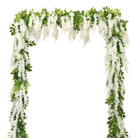 Apeair Wisteria Artificial Flowers Garland, 2Pcs Total 14.4ft Silk Faux Wisteria Vine Kit, Hanging Flower Plant for House Outdoor Garden Ceremony Outside Wedding Arch Floral Decor (2, White)