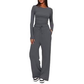 Darong Womens 2 Piece Outfit Long Sleeve Pullover Tops Wide Leg Pants Set Tracksuits 9065A Grey L