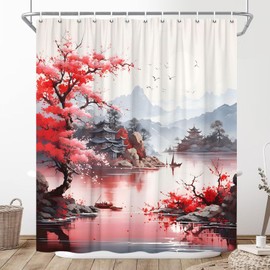 JONSEQIN Japanese Cherry Blossom Shower Curtain Oil Painting Asian Chinese Style Rustic Floral Flowers Farmhouse Watercolor Mountains and Lakes Bathroom Decor Curtains 70x70 inch with Hook