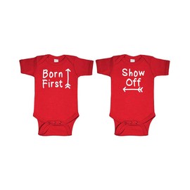 Live Nice BORN FIRST - SHOW OFF! - twins siblings - TWO Infant Bodysuit COMBO, NB, Red