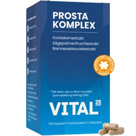 Prosta Komplex Kapseln im Braunglas - hochdosiert mit Sägepalmenextrakt, Brennnessel, Kürbiskern, OPC, Lycopin, Vitamin E, Zink, Selen - laborgeprüft und vegan - 120 Kapseln für 2 Monate von Vital25®