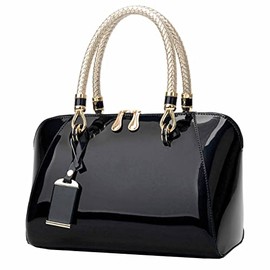 FiveloveTwo Women Handbags Shiny Paten PU Satchel Purse Shoulder Tote Top-Handle Crossbody Bag Black
