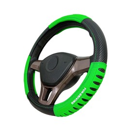 Sport Race Black Carbon Fiber Leather Steering Wheel Cover Bright Green Grip Strip Anti-Slip Breathable Universal Fit 14.75-15 inch Steering Wheel